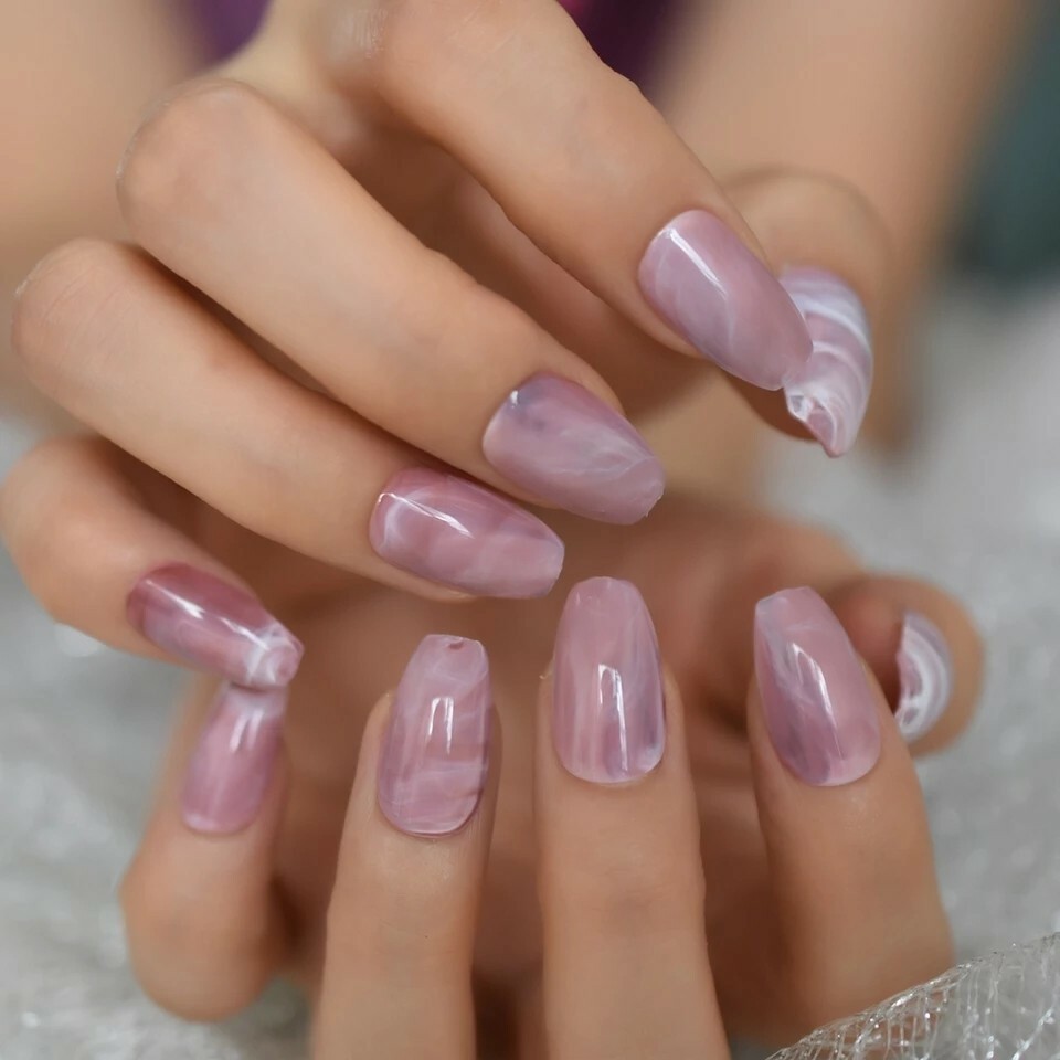 24 Rose Quartz Press On Nails Glue On Kit Pink Marble Medium coffin