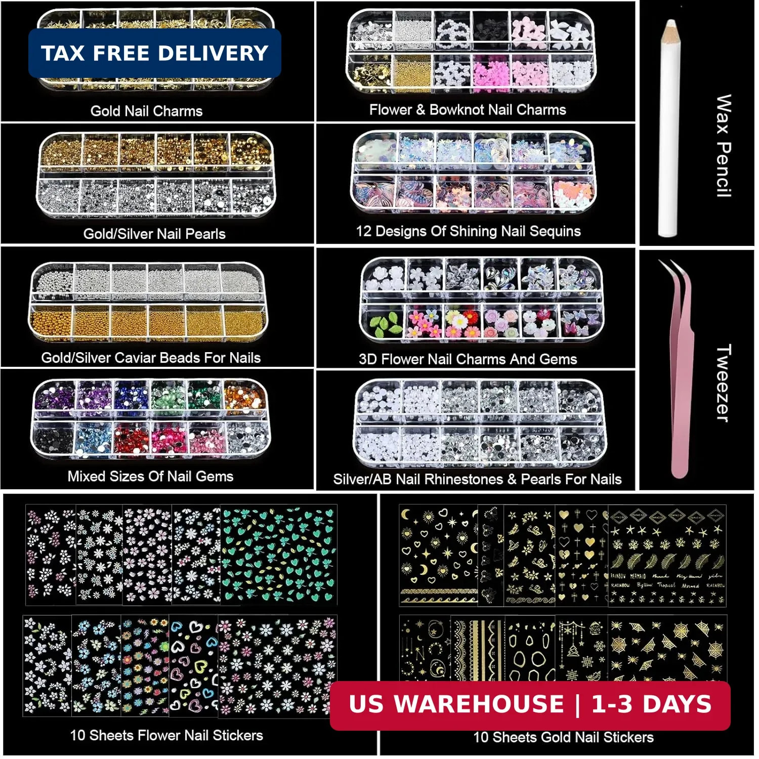 Nail Charms Nail Stickers for Nail Art Kit, 8 Boxes Nail Rhinestones Na