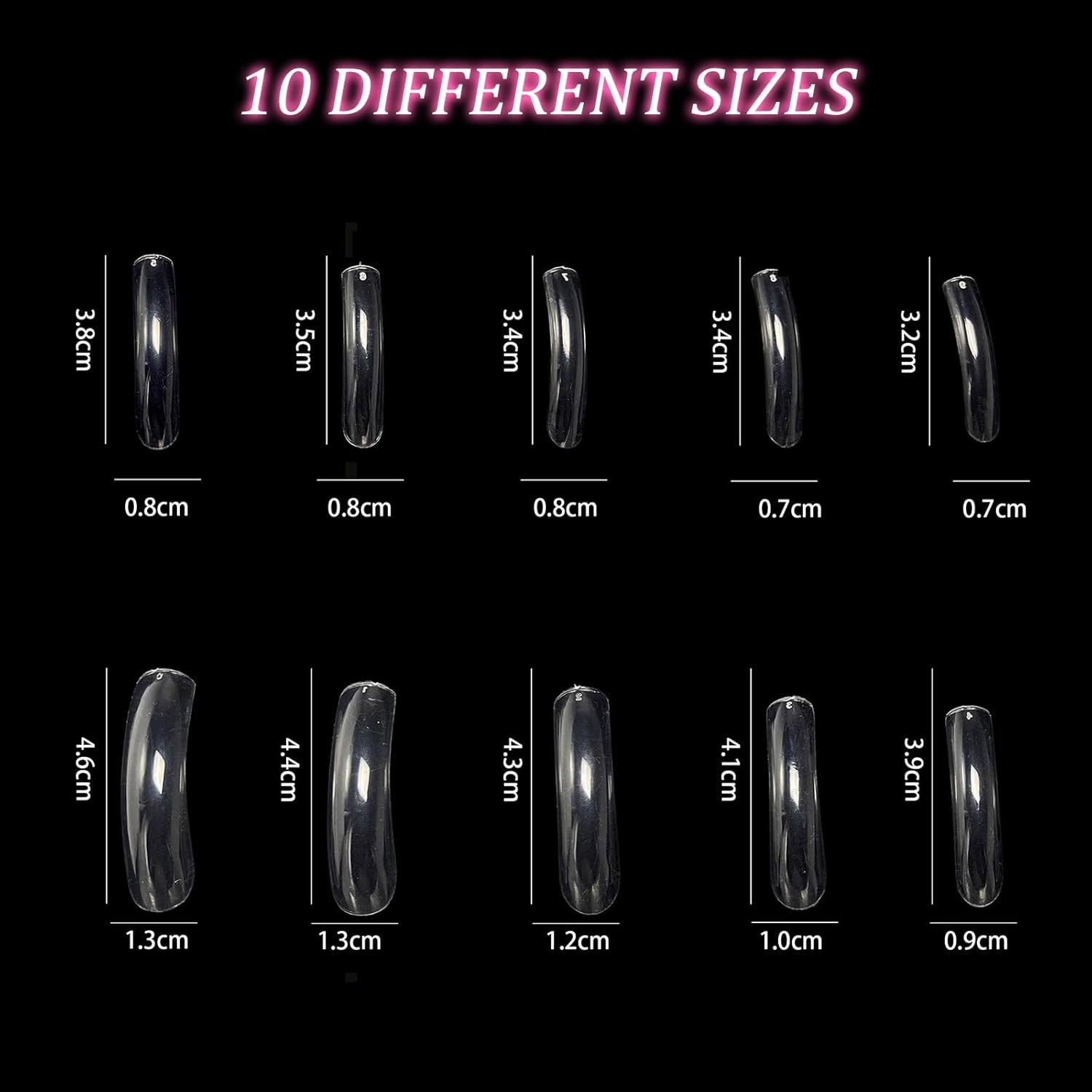 500Pcs Long Curved Nail Tips, Curved Square Press on Nails, 10 Different Sizes,
