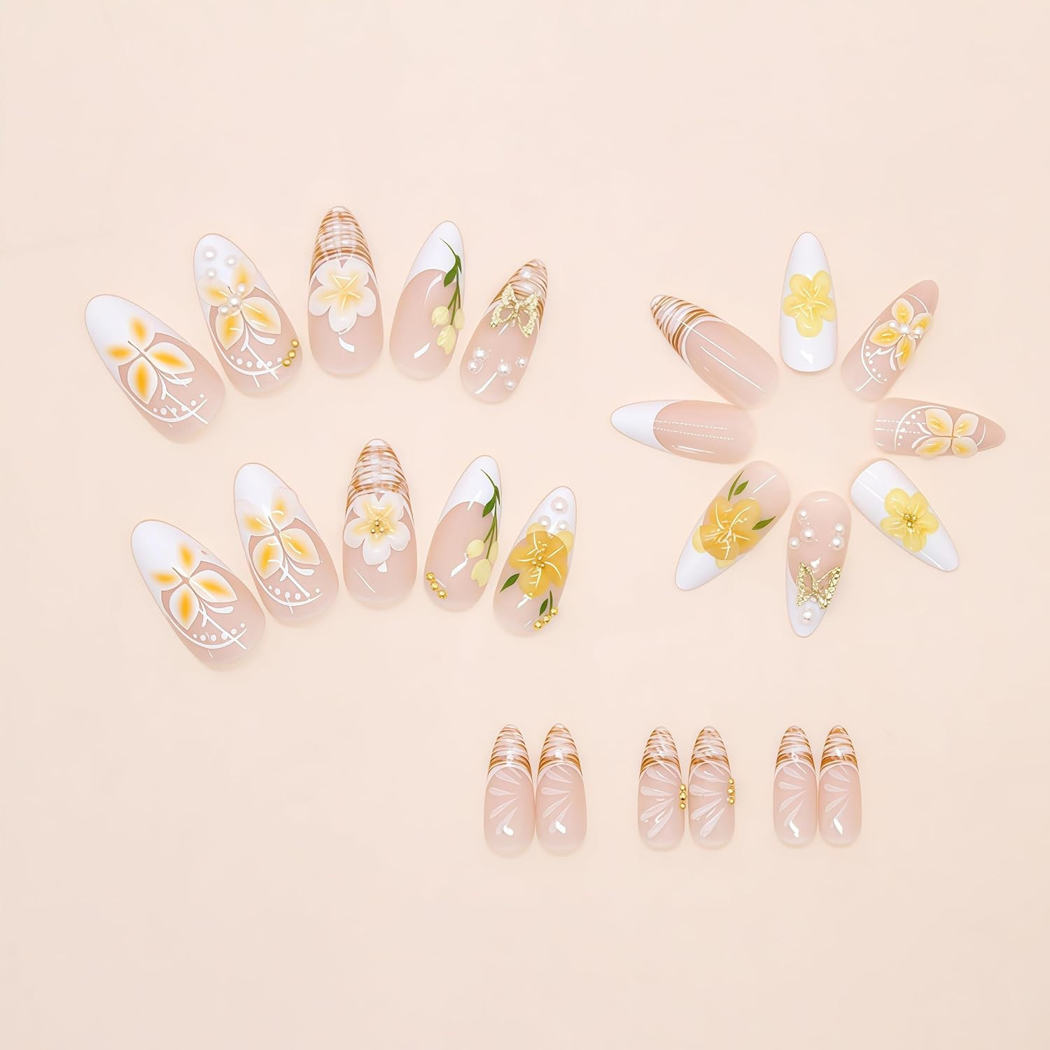 24Pcs Yellow Flower Press on Nails Medium Almond Fake Nails with 3D Gold Beads B