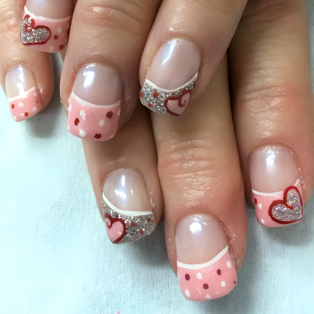 24pcs Short Pink Heart Glitter Nails. Shiny, Reusable for Parties & Any Occasion