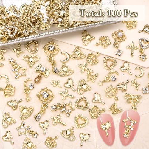 100 Pcs Gold Nail Charms and Gems, Gold Dangle Star Bows Nail Gems Gold-Set 2
