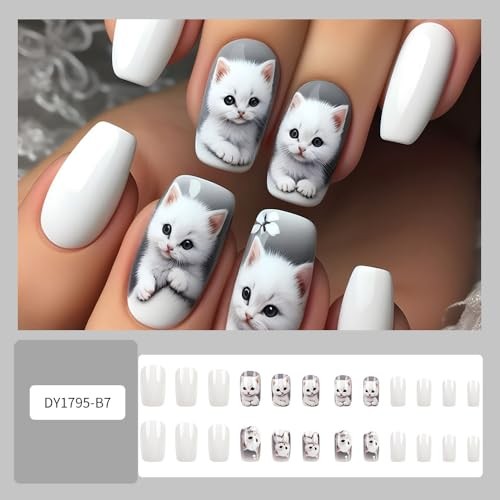 White Square Cute Cat Nails – Medium Square Cute Cat Press on Nails W6