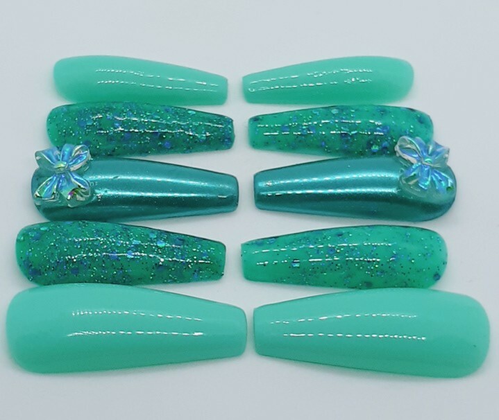 Turquoise Teal Blue Nails Kawaii Bow Glitter Nails-Clearance