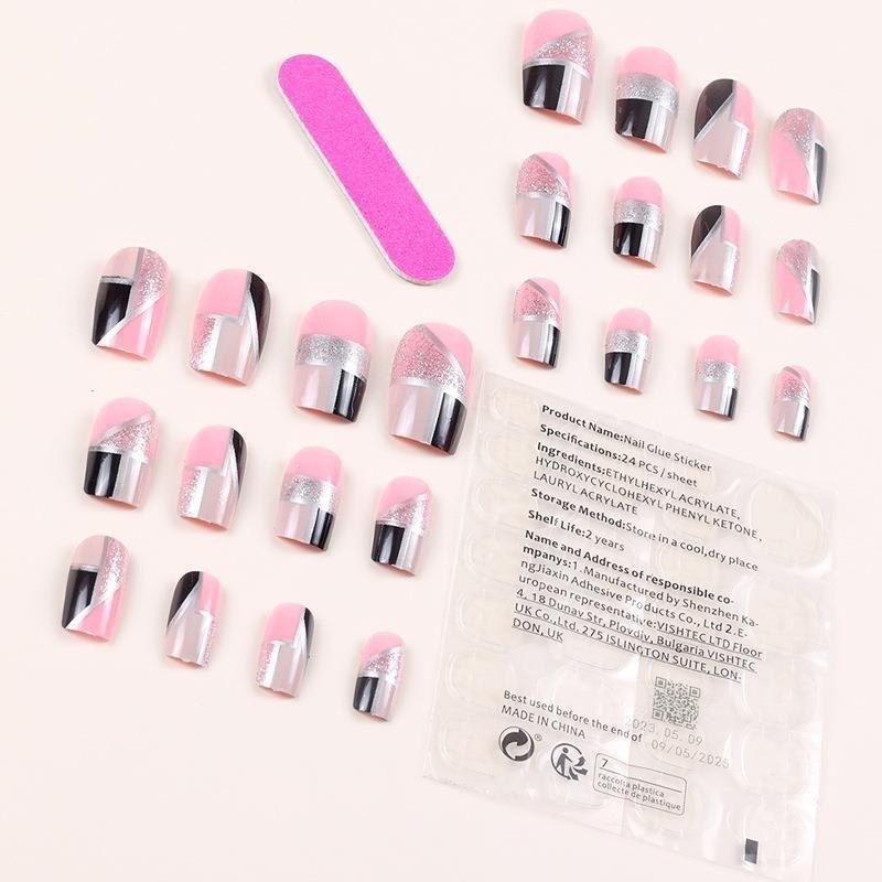 48Pcs-Short Square Press on Nails Pink Black Silver Glitter Geometric Fake Nails