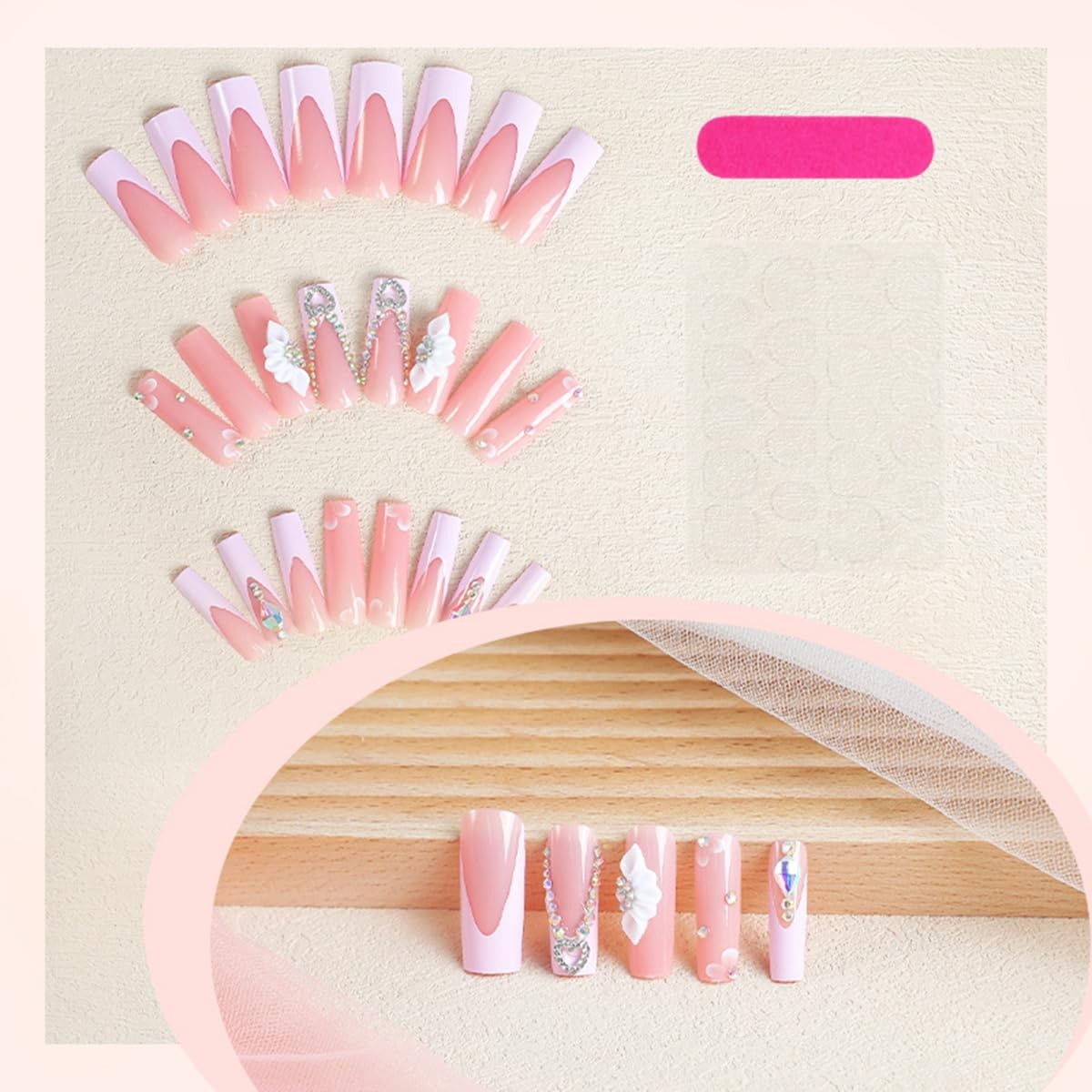 Press on Nails Long Square 3D Alloy Heart Rhinestones Petal Charms Nail Tips …