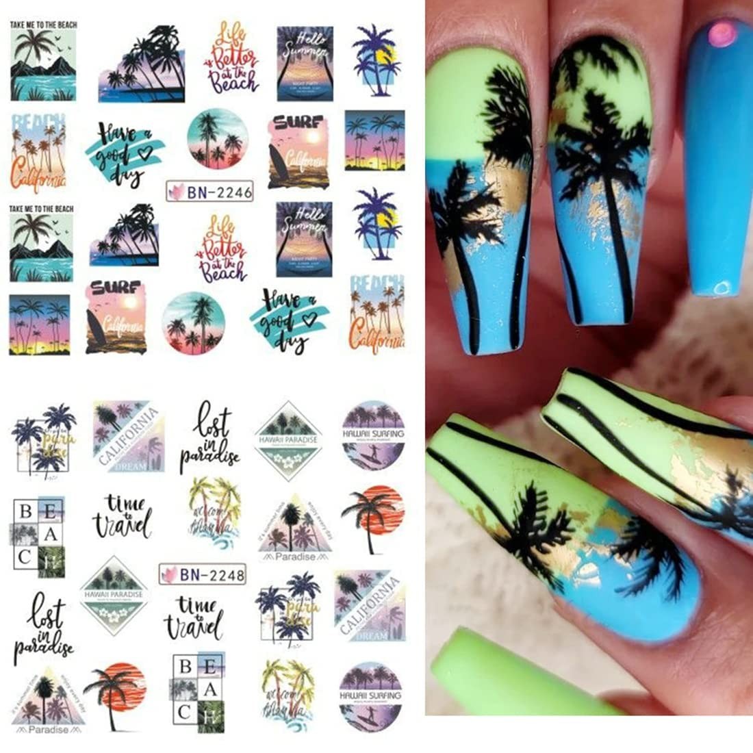 12pcs Summer Palm Tree Nail Art Stickers Decals Water Transfer Coconut Tree N…