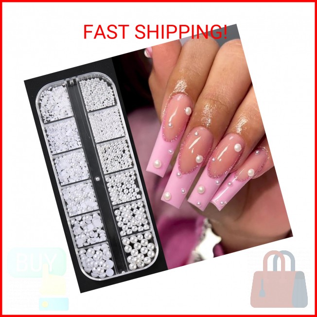 Multi Sizes Round and Half Round Pearls 3D Nail Charms, White Flatback Pearls Na