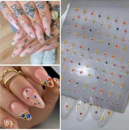 2 Sheets Star Nail Stickers for Nail Art Gold Nail Decals Colorful Style G