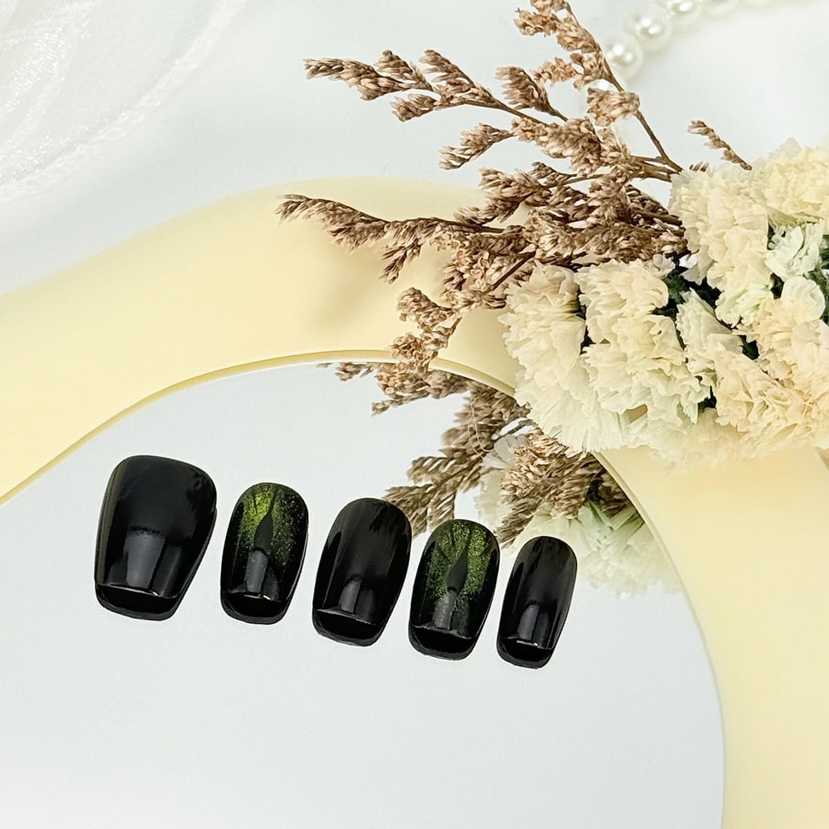 Black Press on Nails Short Round Green Eyes Short Fake Nails With Glue Full C…