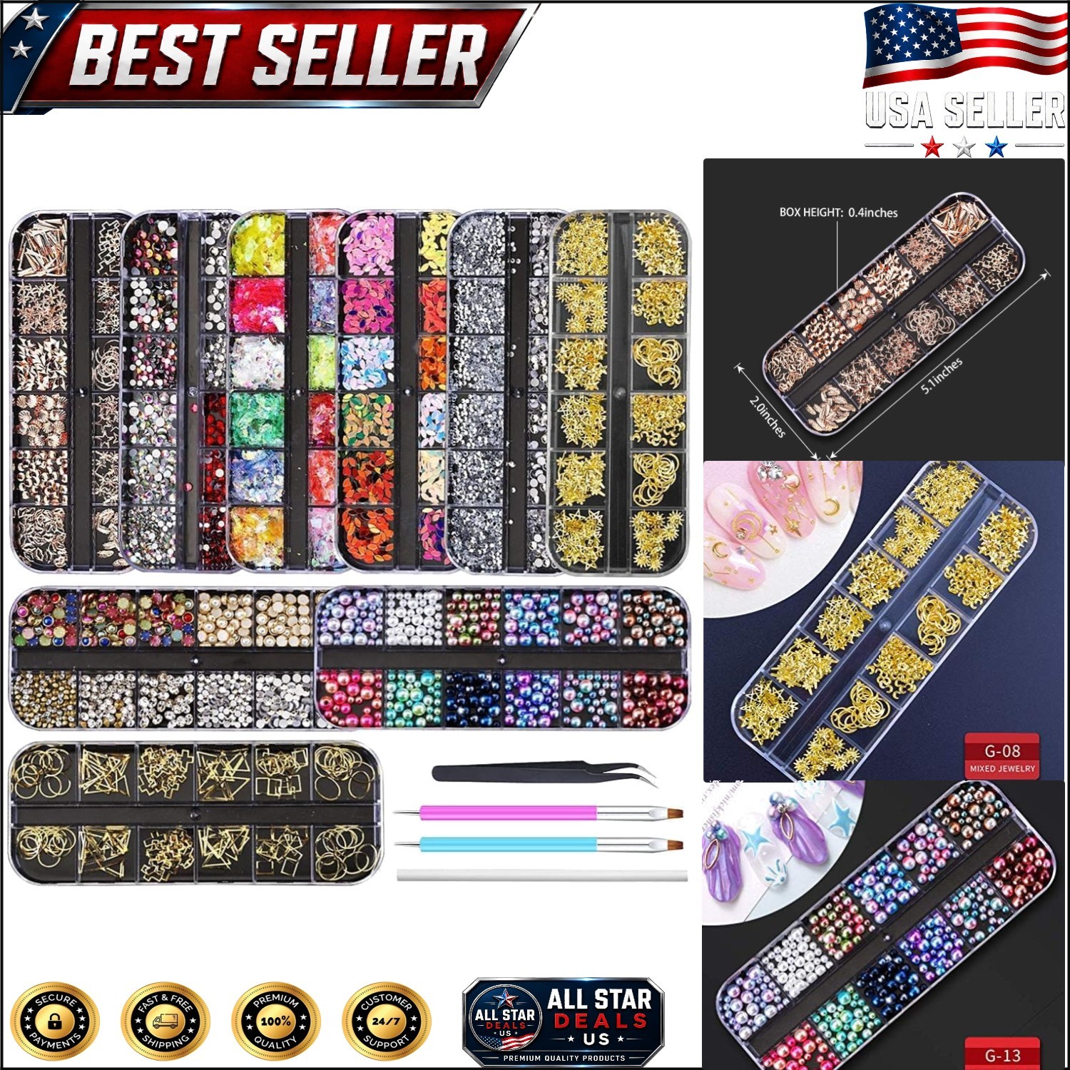 Complete Nail Art Rhinestones Kit – 9 Boxes of Glitter Gems with Tweezers & Pens