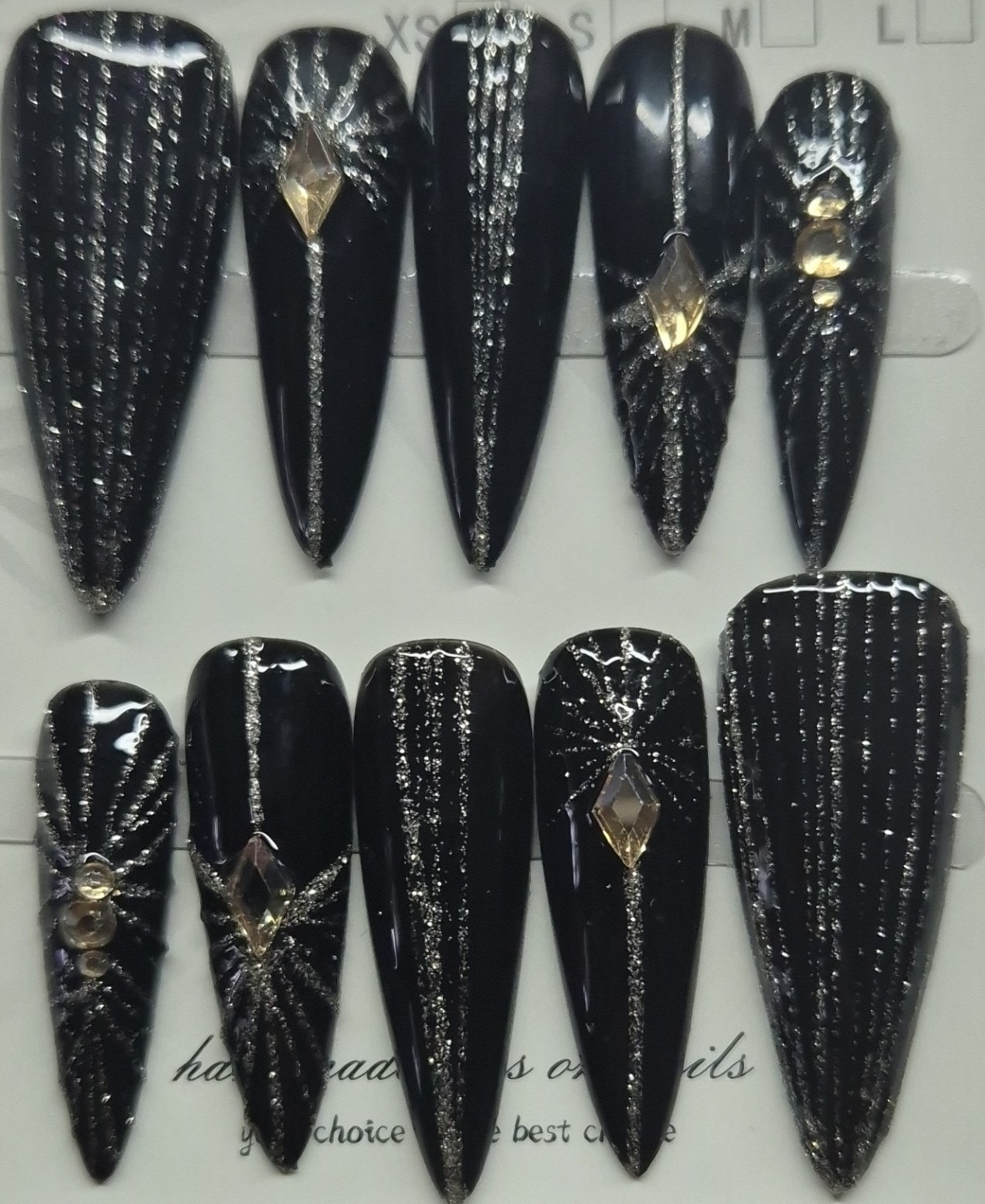 Black Silver Glitter 3D Rhinestone Coffin Press-On Nails Set Full Cover Long
