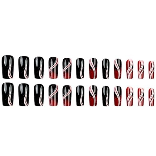 Coffin Press on Nails Medium Length Fake Nails Black Red Gradient Style 21