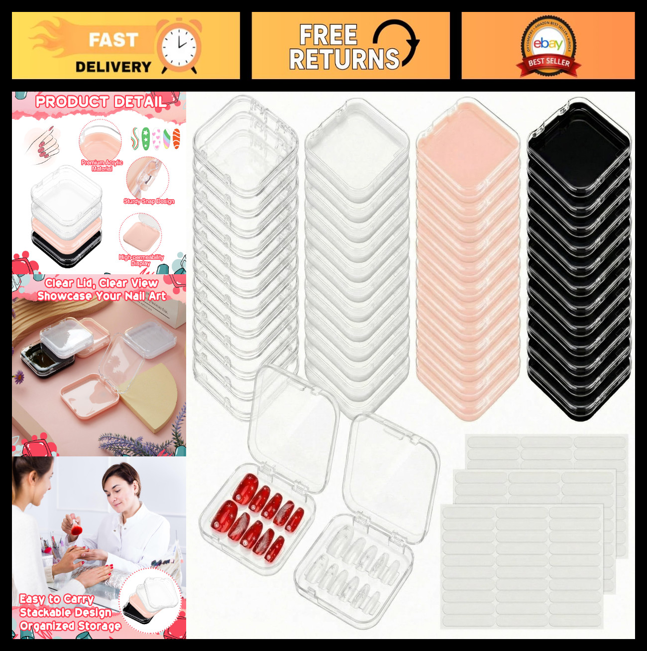 48 Pcs Press on Nail Boxes with 180 Pcs Double Sided Tape – Acrylic Storage Case