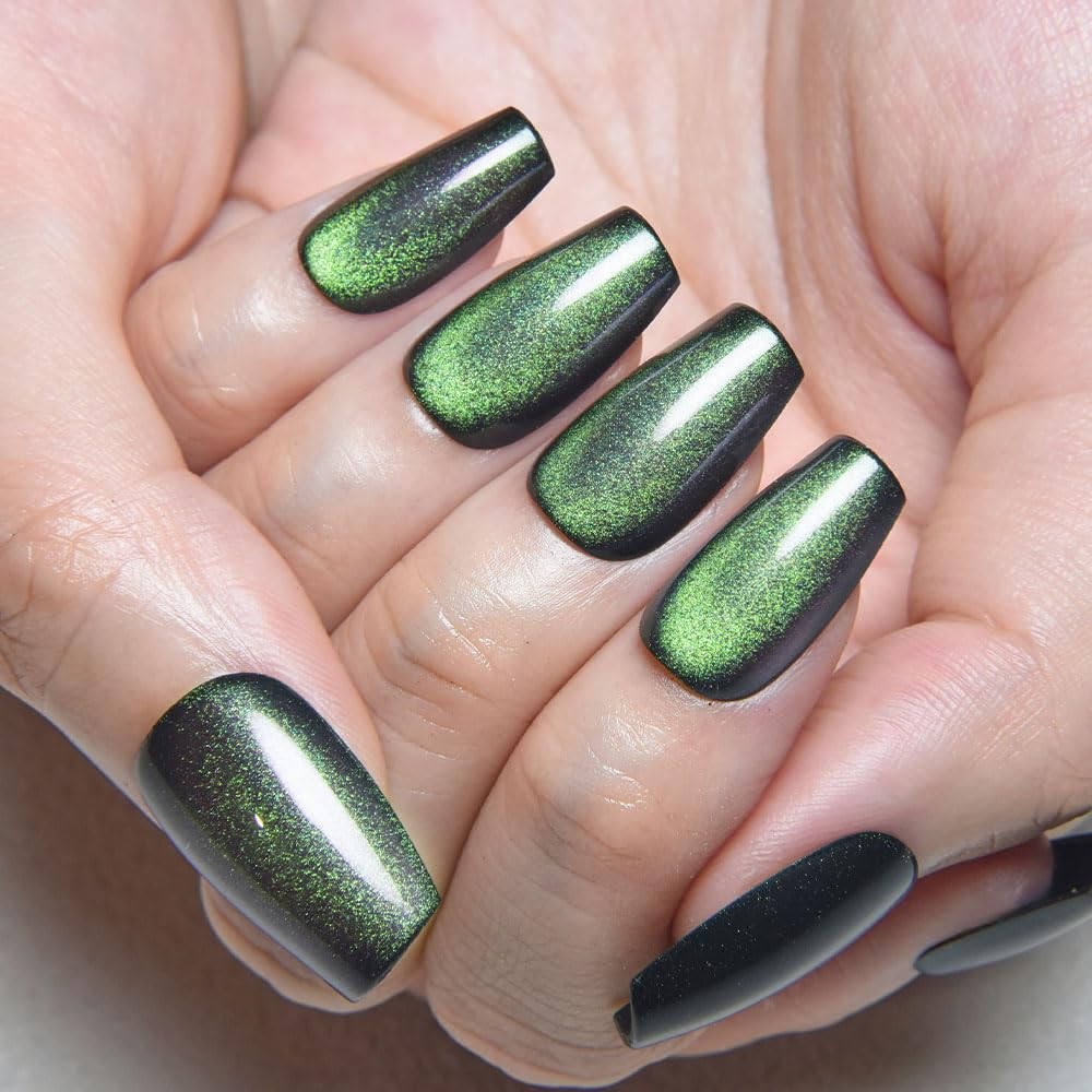 Emerald Green Cat Eye Coffin Press on Nails Square Medium, Medium Square Stick o