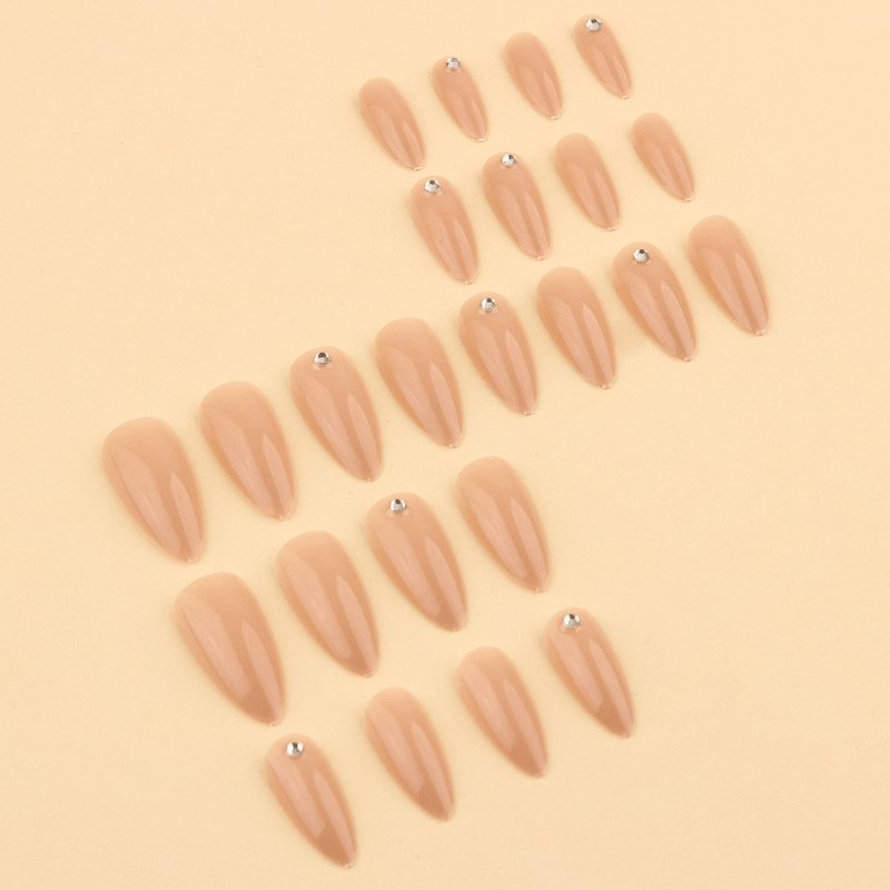 48pcs Almond Press on Nails, Nude Clear Glitter Single Rhinestone Plain Nails