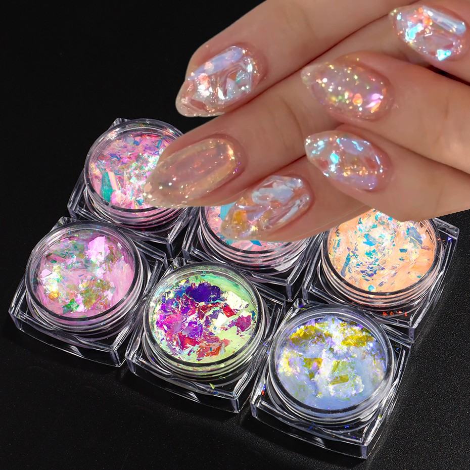 6pcs Aurora Opal Nail Glitter Flakes Iridescent Nail Pigment Crystal Mermaid Spa