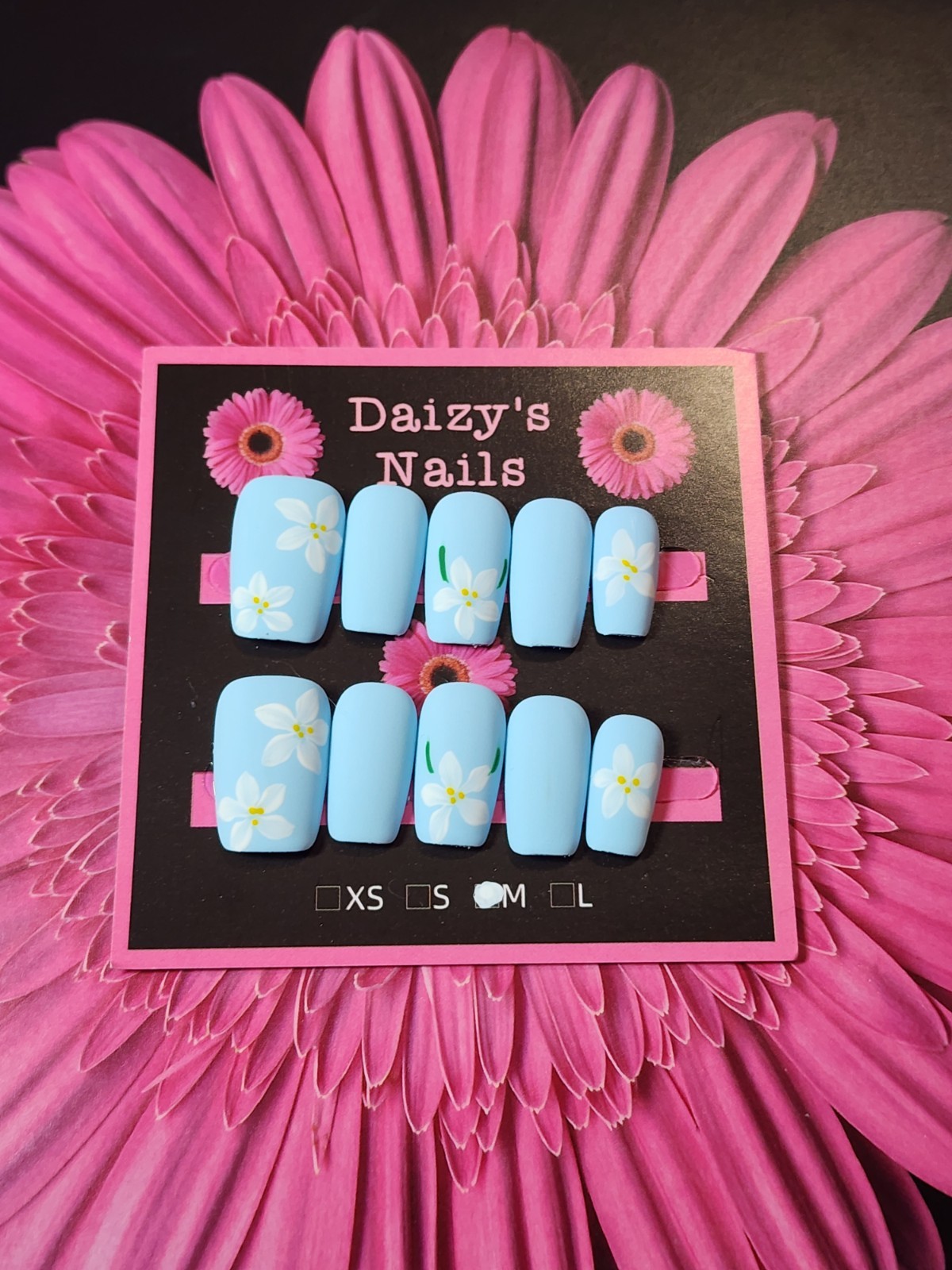 Medium Size Baby Blue Matte Daisy Nail Set Handmade Squoval 2.0 Cm Length