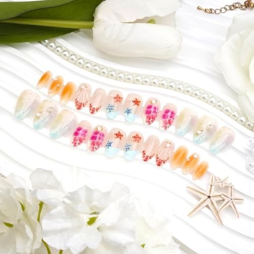 24Pcs Summer Ocean Press on Nails Short Almond French Tip Fake Nails with Pearl