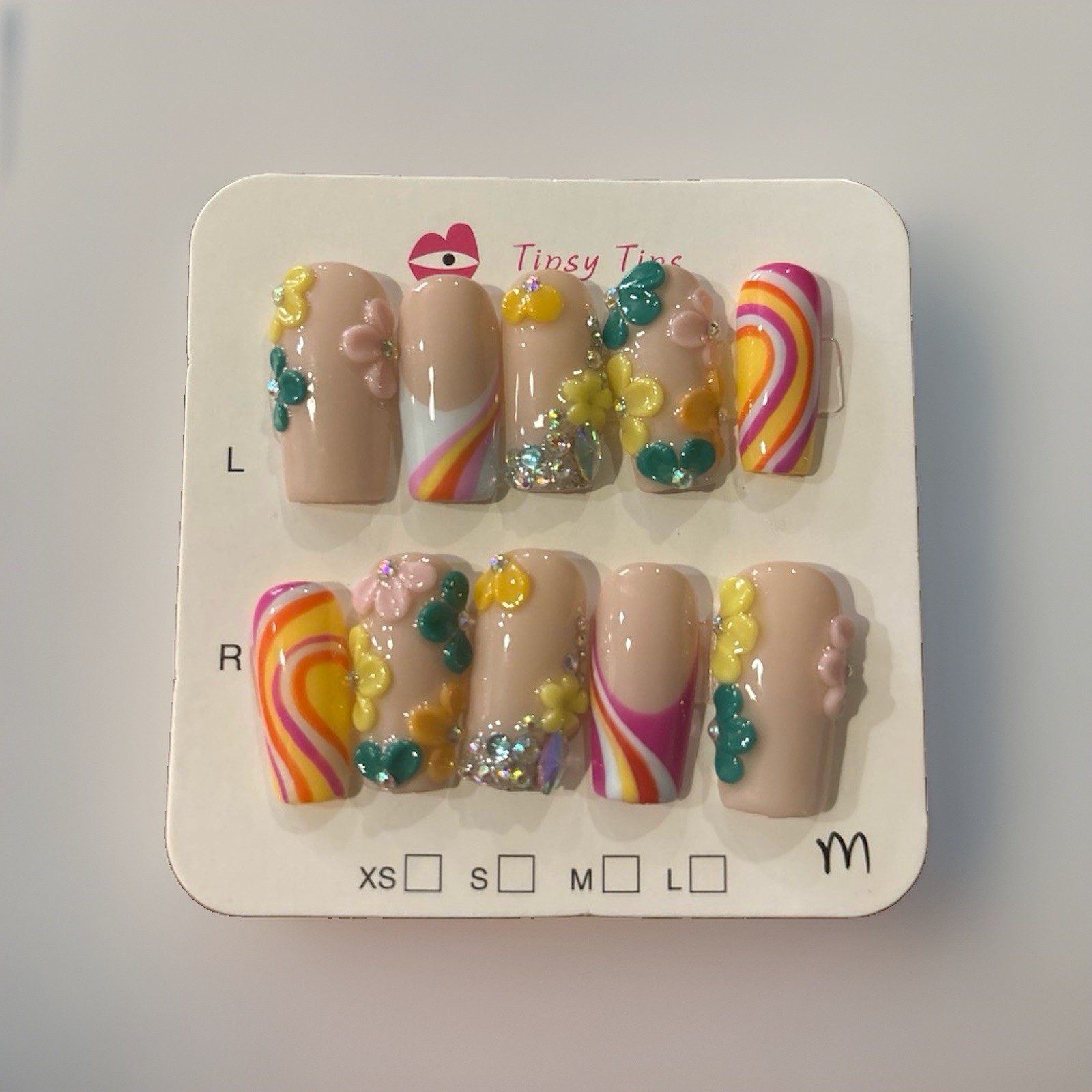 Handmade Press On Nails High Quality Rainbow Gradient Floral Long Coffin Nails