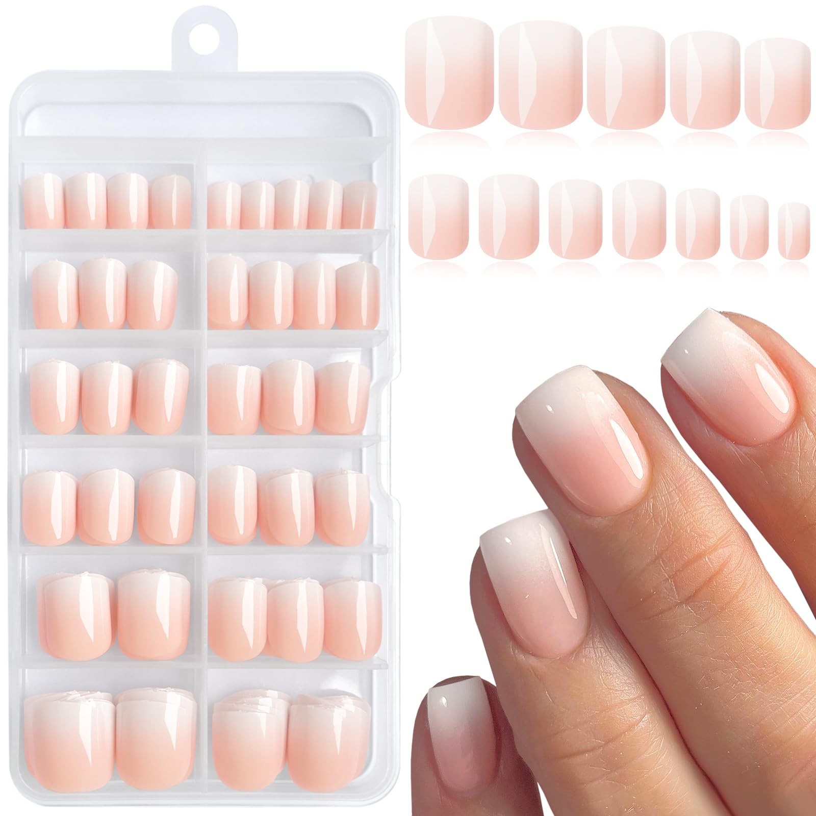 240Pcs Ombre Press on Nails Short Round Gradient Fake Nails Glossy Nude Ombre