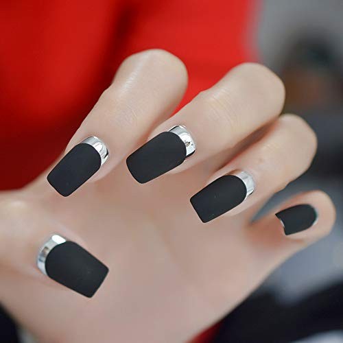 Matte Black Silver Metallic French Press On Nails Medium Length Square False