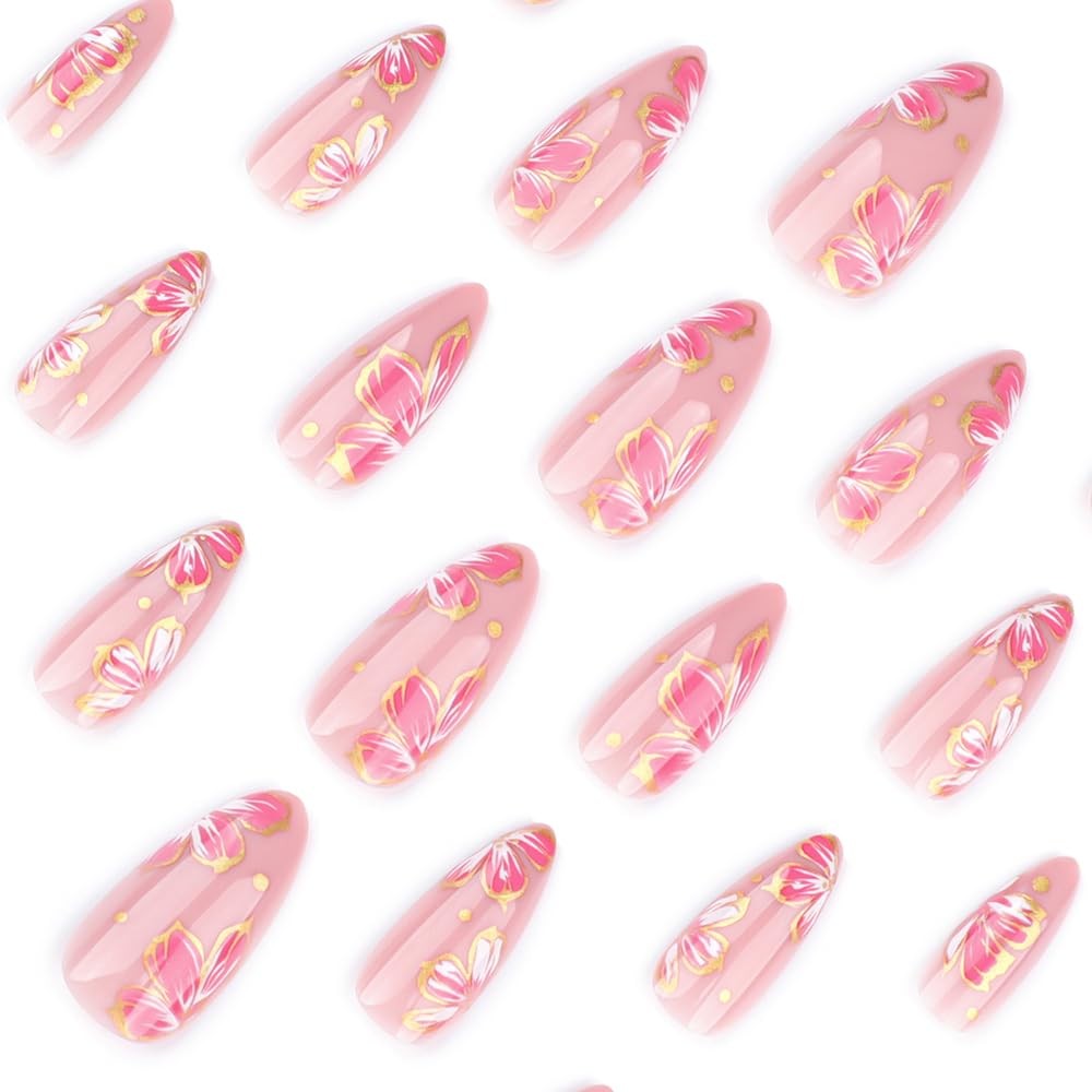 24 Pcs Pink Press on Nails Short Almond,Fake Nails Press ons Nail Tips Full C…