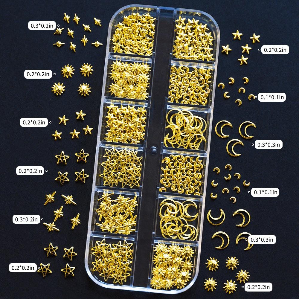 Gold Silver Star Moon Pearl Kit 12 Grid Half-Round Metal Charms for Acrylic Gel