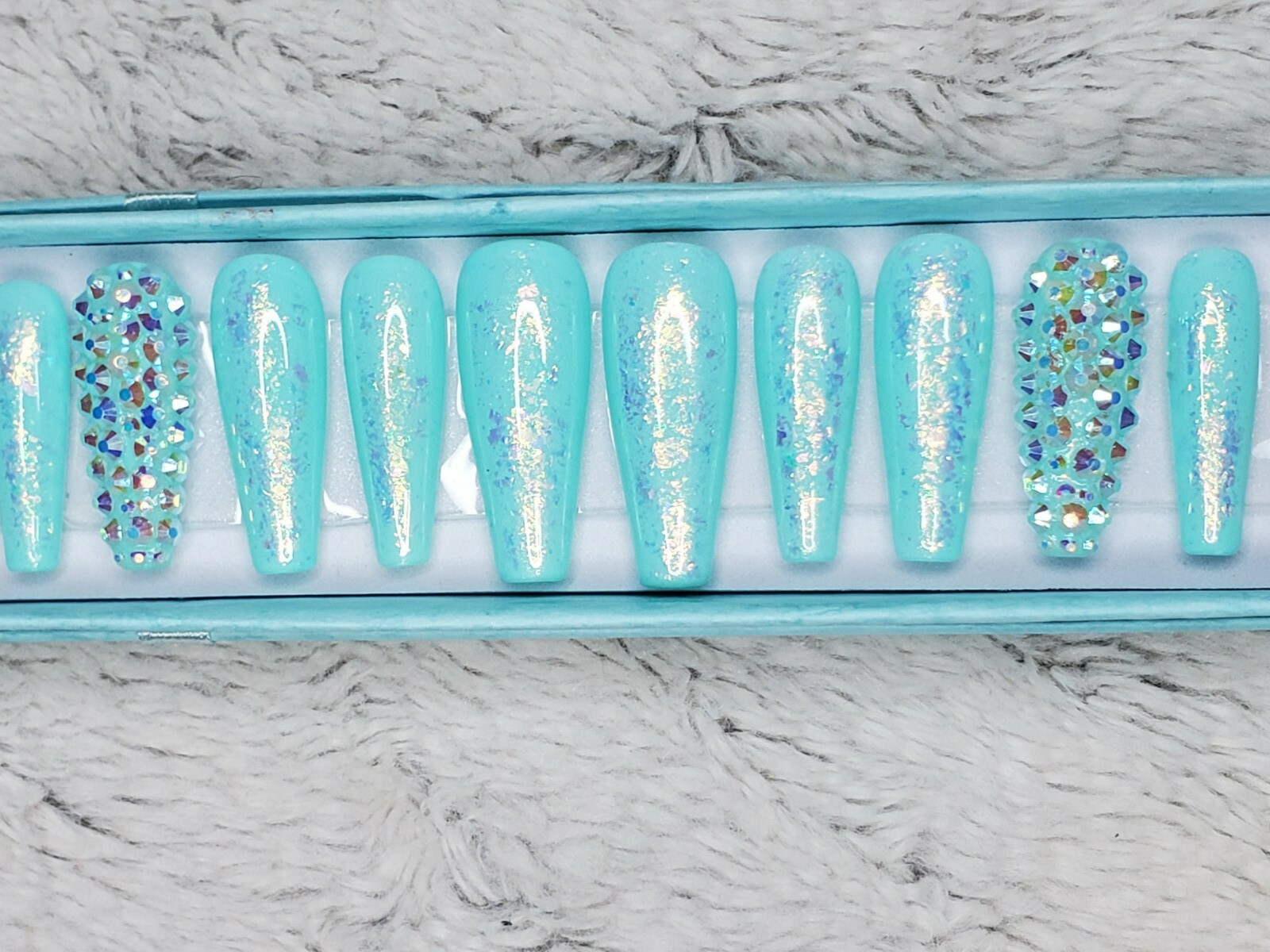 Teal green Mermaid crystal opal glitter bling press on nails luxury diamond