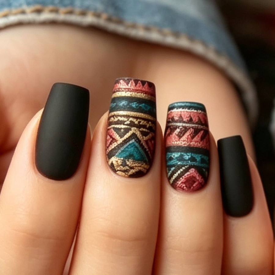 48Pcs-Medium Coffin Black Matte Tribal Pattern Press on Nails Set