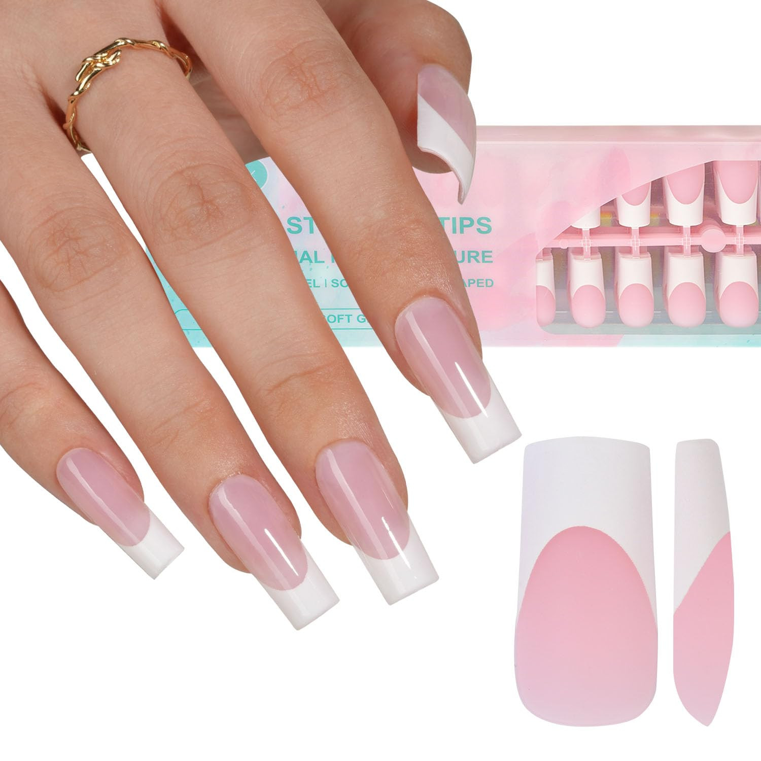 Misssix French Gel Nail Tips, 240Pcs French Tip Press on Nails Long Square Pink,