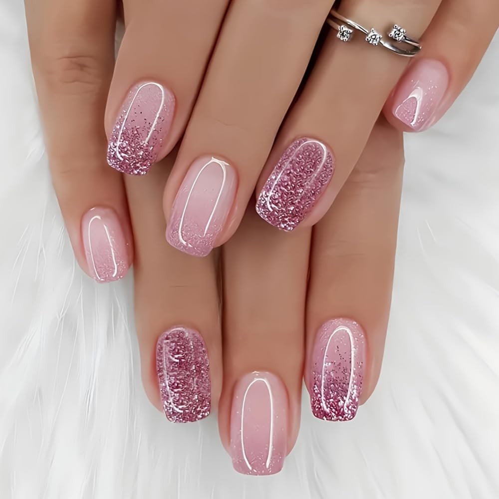Glitter Ombre Press on Nails Short Square – WLGDLH Pink short, Color pink15
