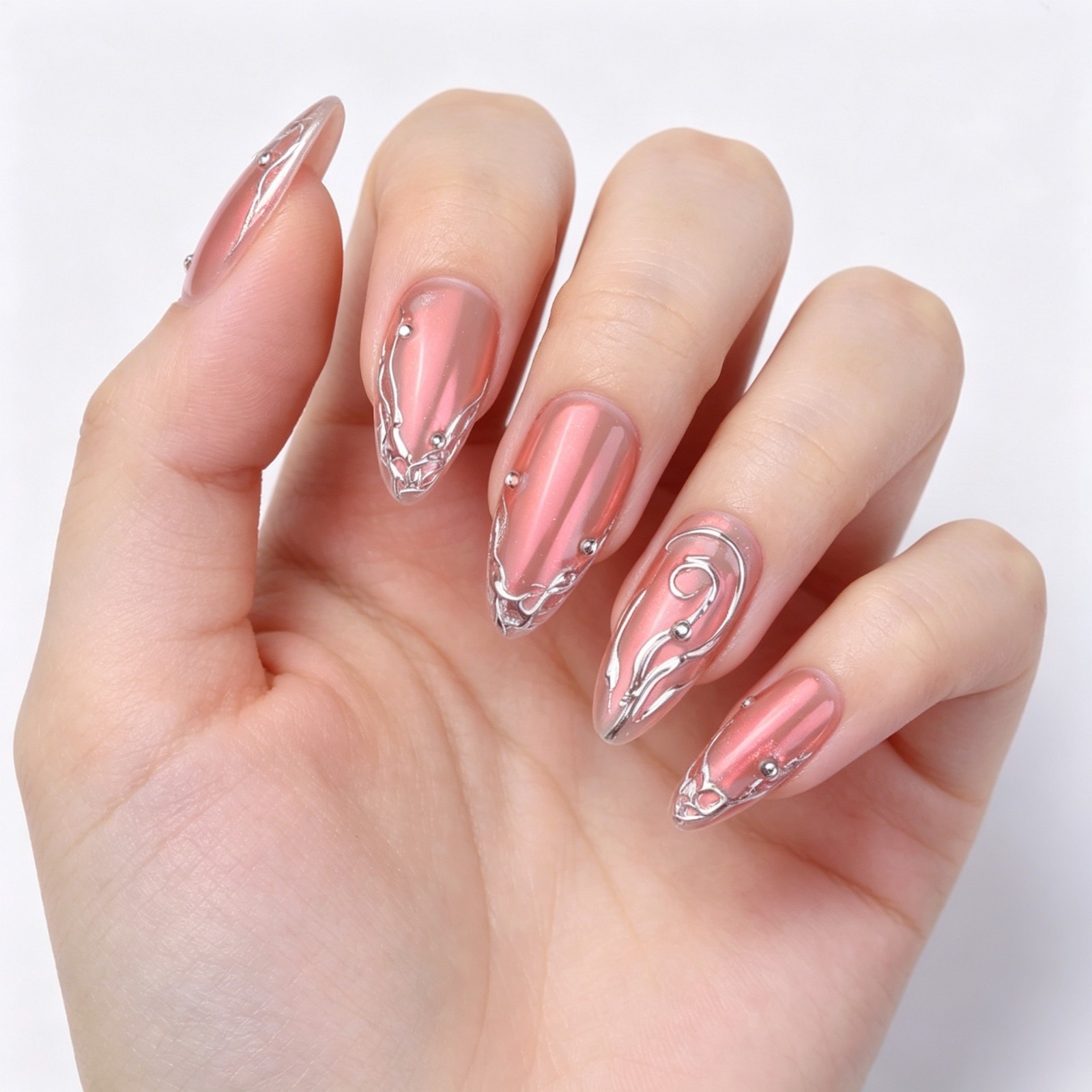 Handmade Chrome Pink Press On Nails Medium Almond 3D Metal Rose Y2K Punk Glam