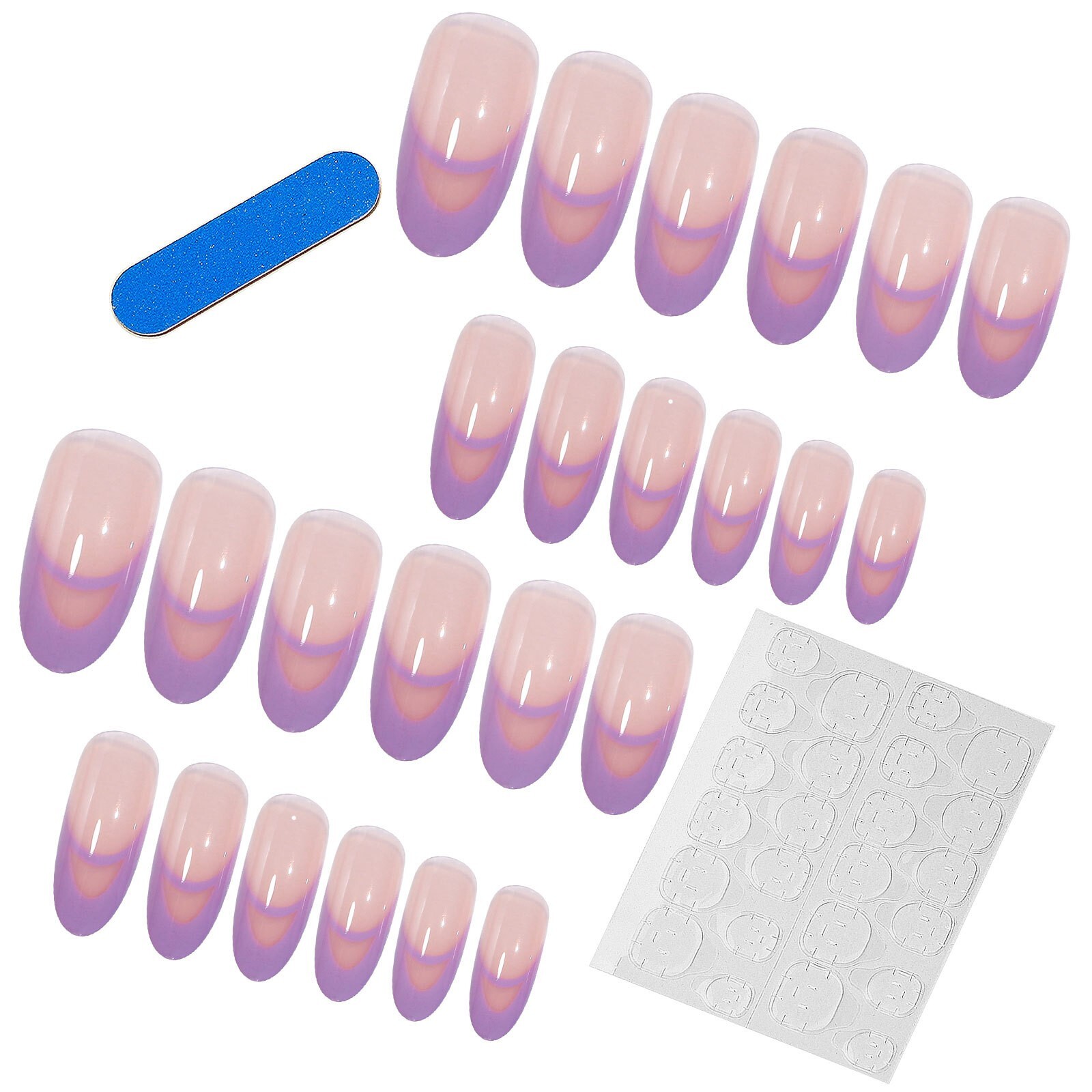 24pcs Light Purple French Almond False Nail Round Press on Nails for Nail Art