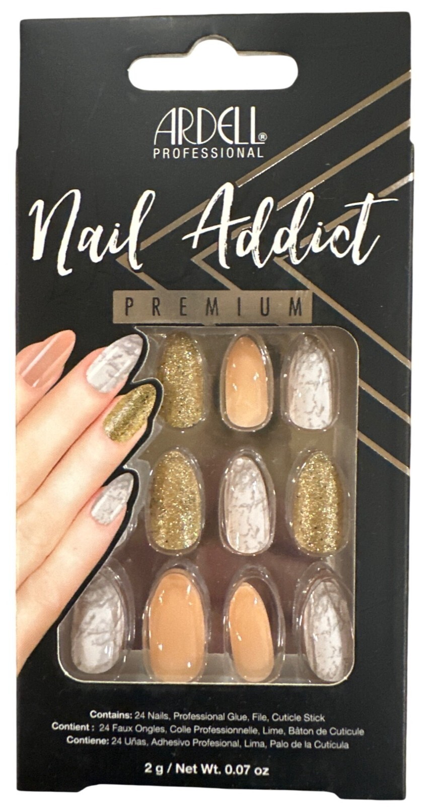 Ardell Nail Addict 24 Nails PREMIUM Long Almond Glitter+Marble White+Gold+Nude