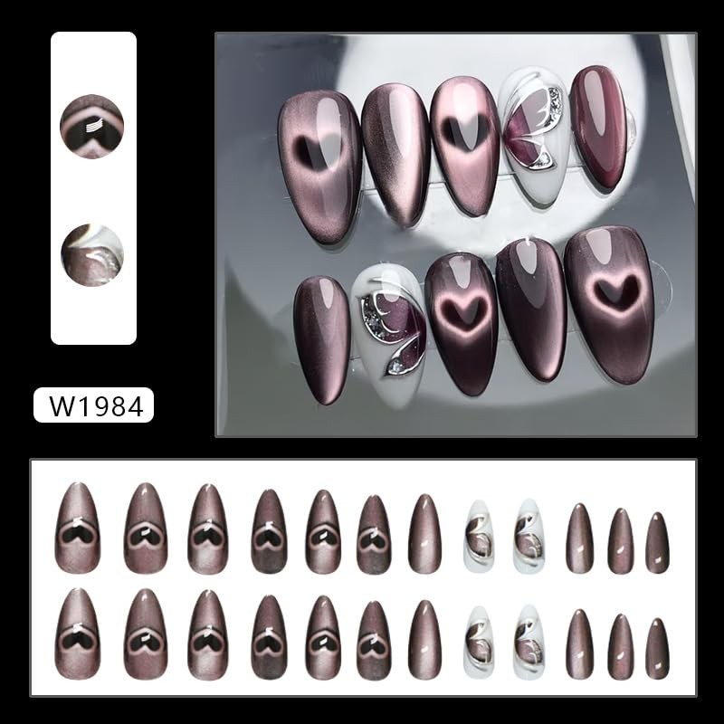 24pcs Heart Bling Press-On Nails Medium Almond Acrylic False Nails with 3D-4