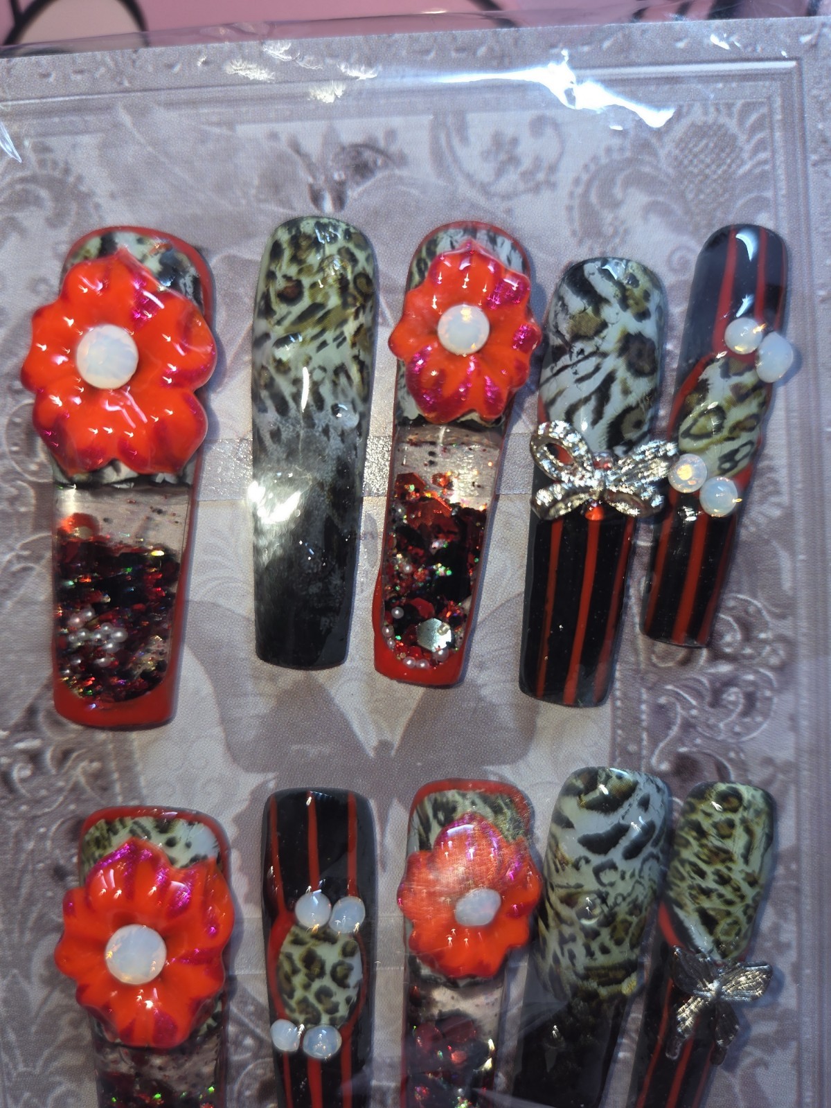 Press On Nails Handmade Medium Red animal print, red flowers, water aqua. Nail