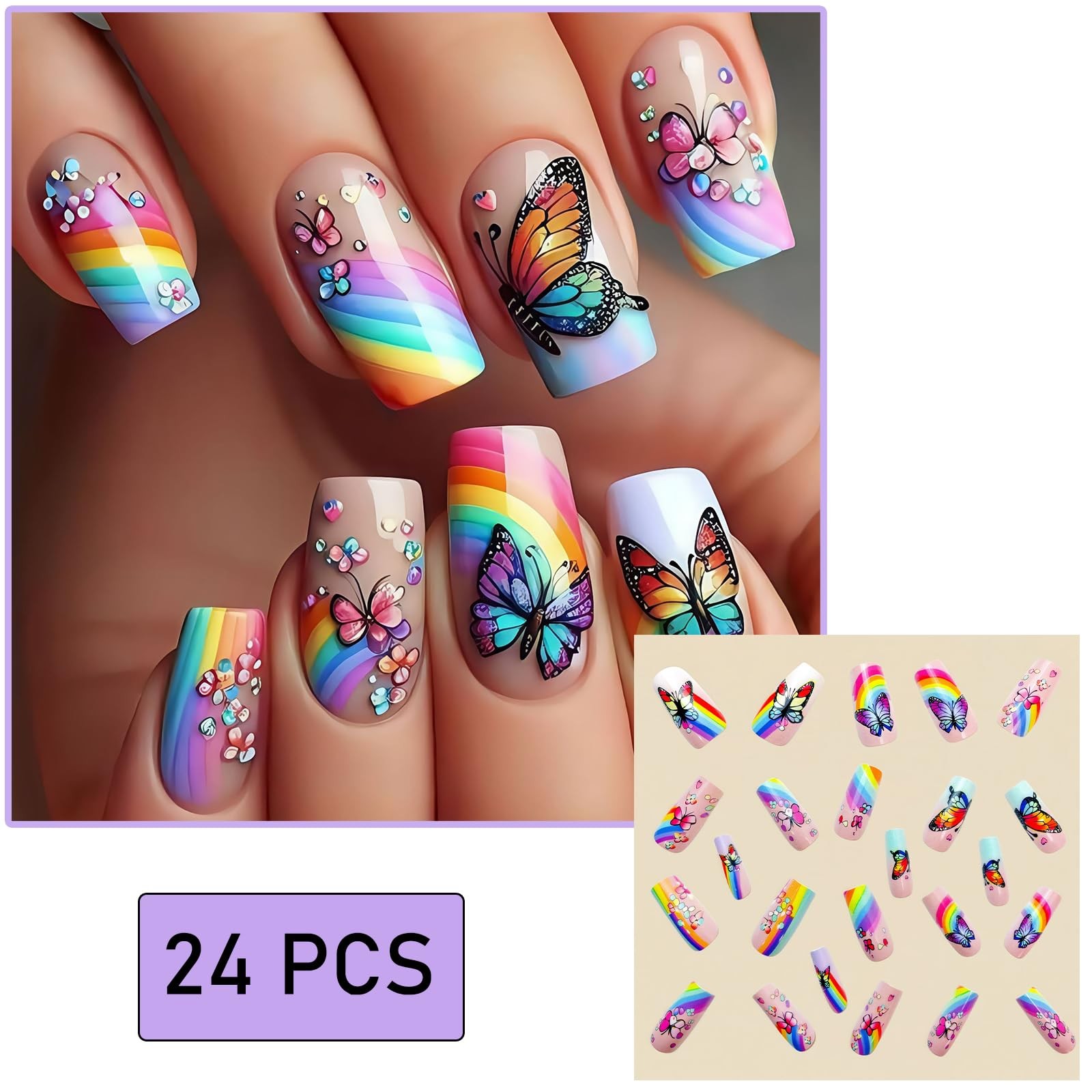 Rainbow Butterfly Press on Nails Medium Square Fake Nails Pink Smudge Design …