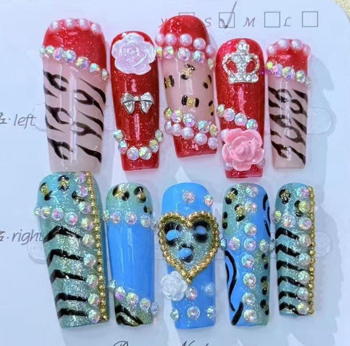Romance Nail Press-On Nails Long Coffin Red Blue Green Animal Print Shiny small