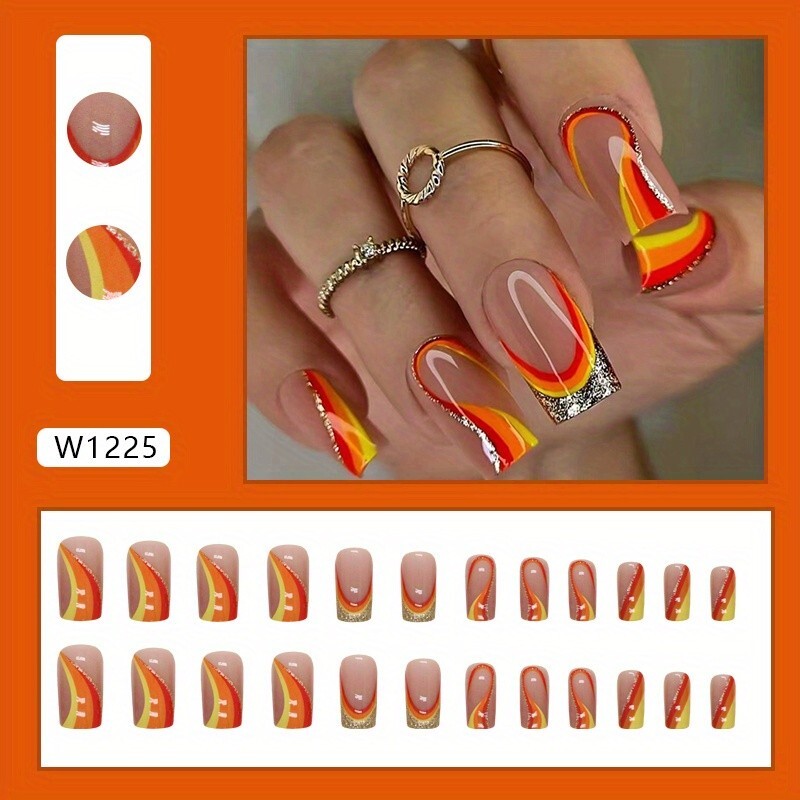 24pcs Vibrant Pumpkin Orange Glossy Square Press-On Nails – Silvery Glitter Stri