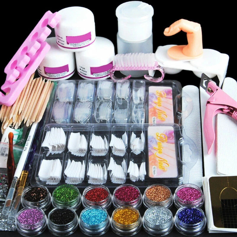 Acrylic Nail Kit Glitter Ez Flow Acrylic Powder Art Manicure Tool Tips Brush Set