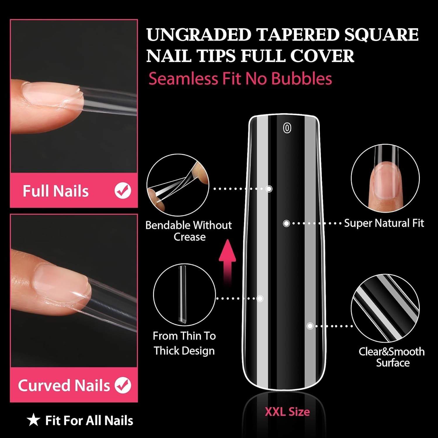 XXL Long Square Nail Tips – 216PCS No C Curve Full Cover Gel for Salon-Qualit…