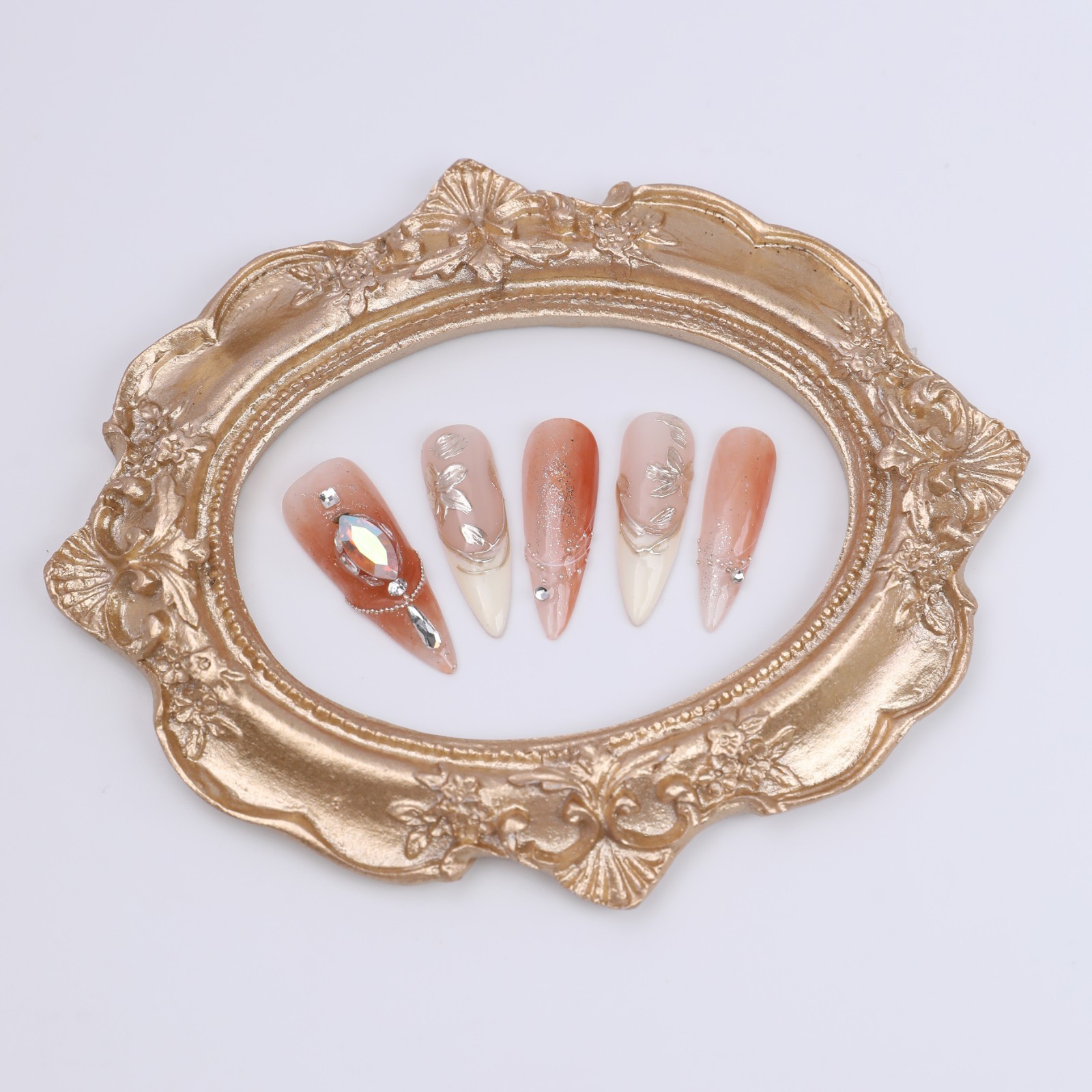 Honey Tea Pink Brown Ombre Press On Nails Medium Stiletto Gold Foil Rhinestone