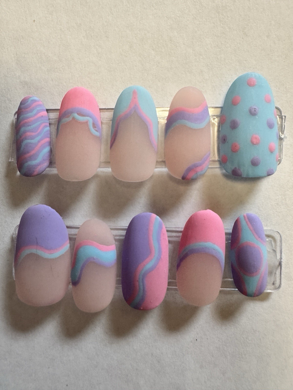 Matte 3D Abstract Oval Medium Press-On Nails Set Pink Blue Purple Nude Easter
