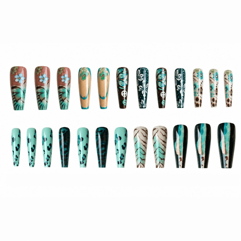 48 Pcs Teal Leopard Floral Coffin Press on Nails, Trendy Boho Fake Nails