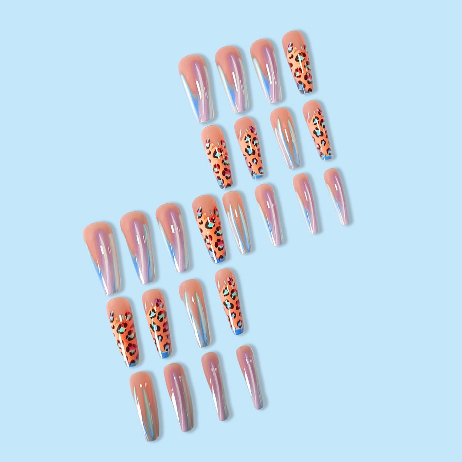 24Pcs Press on Nails with Designs Leopard Print Fake Nails Long Coffin Glue o…
