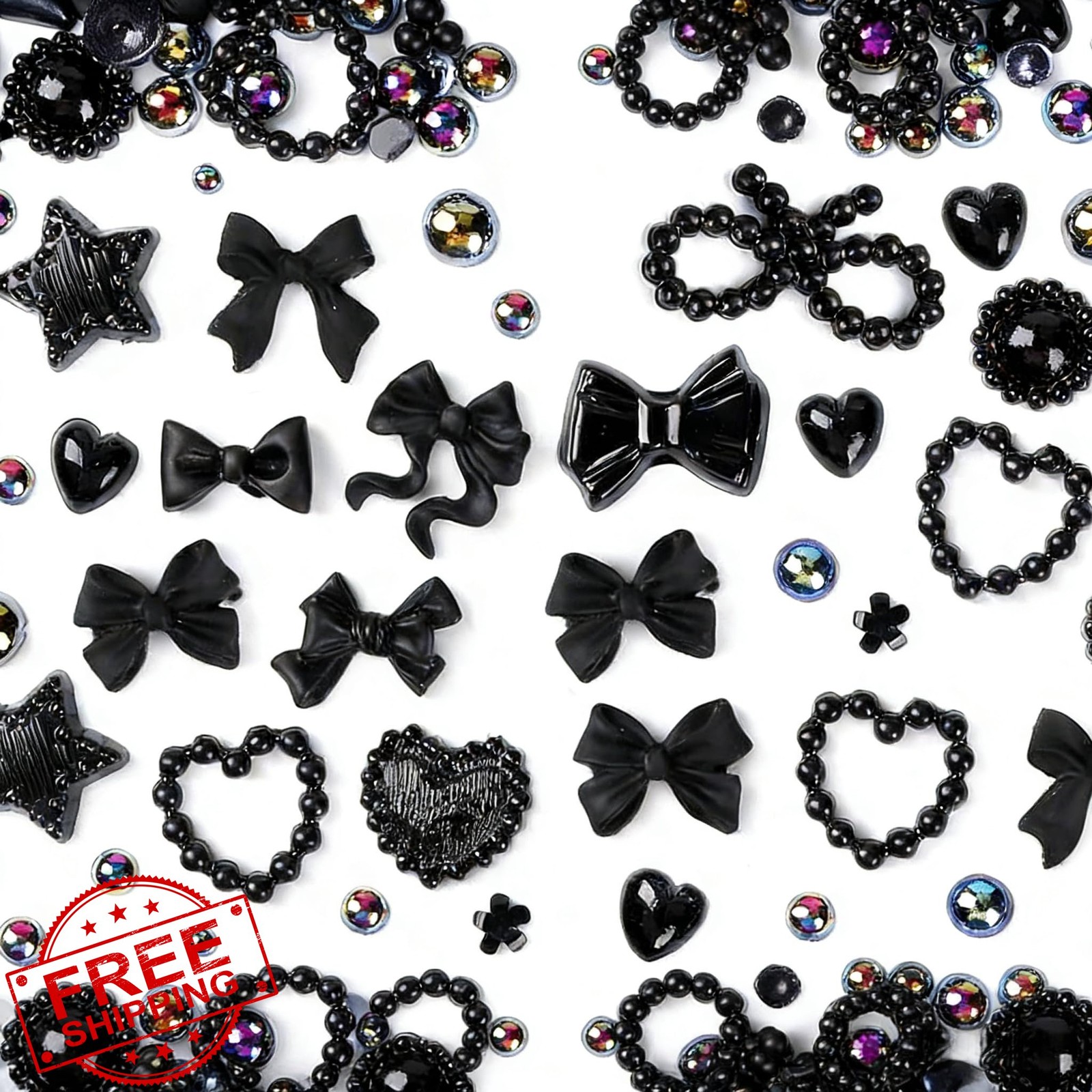 Tephrent 500pcs Black 3D Pearl Nail Charms Mix Styles