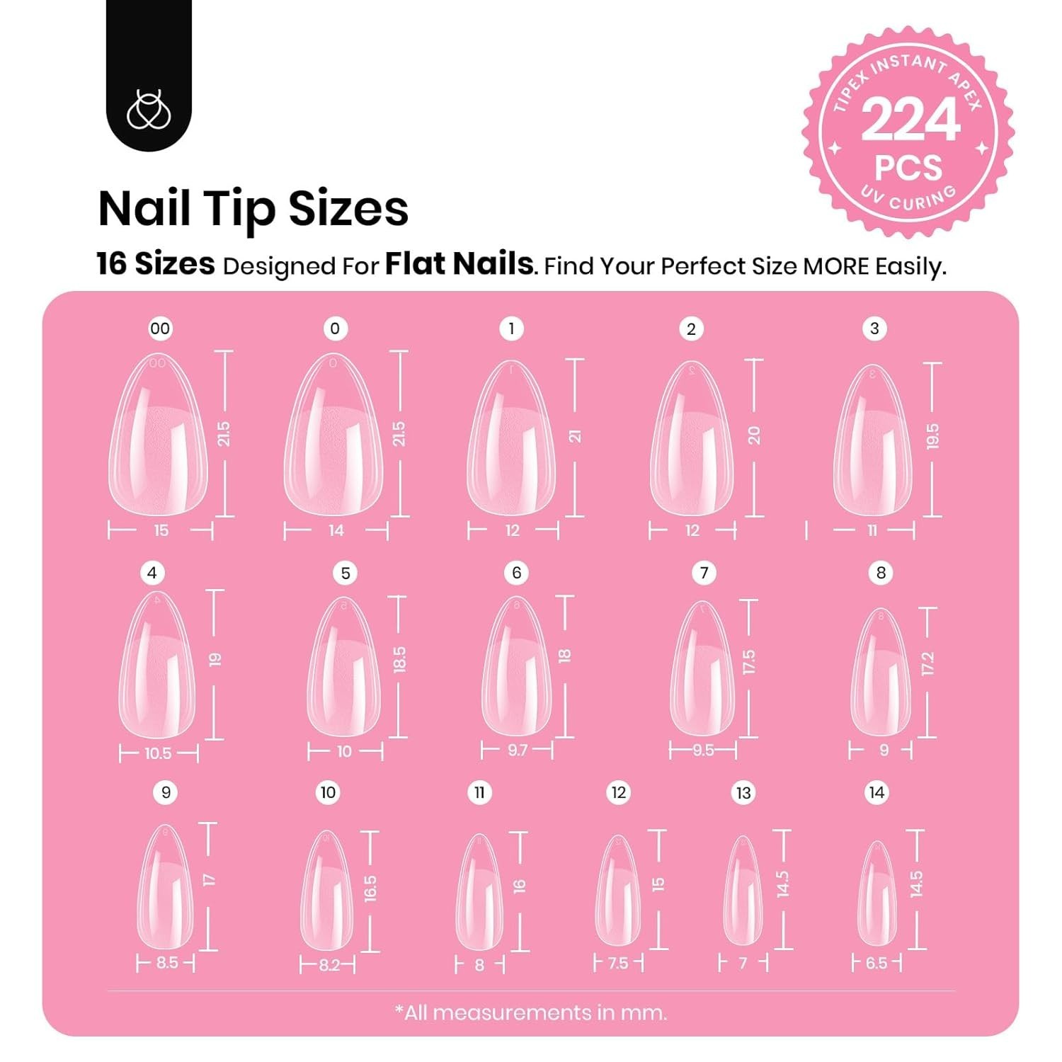 Beetles Tipex Instant Apex Nail Tips Kit, Almond Short 224Pcs 16 Sizes Pre-Build