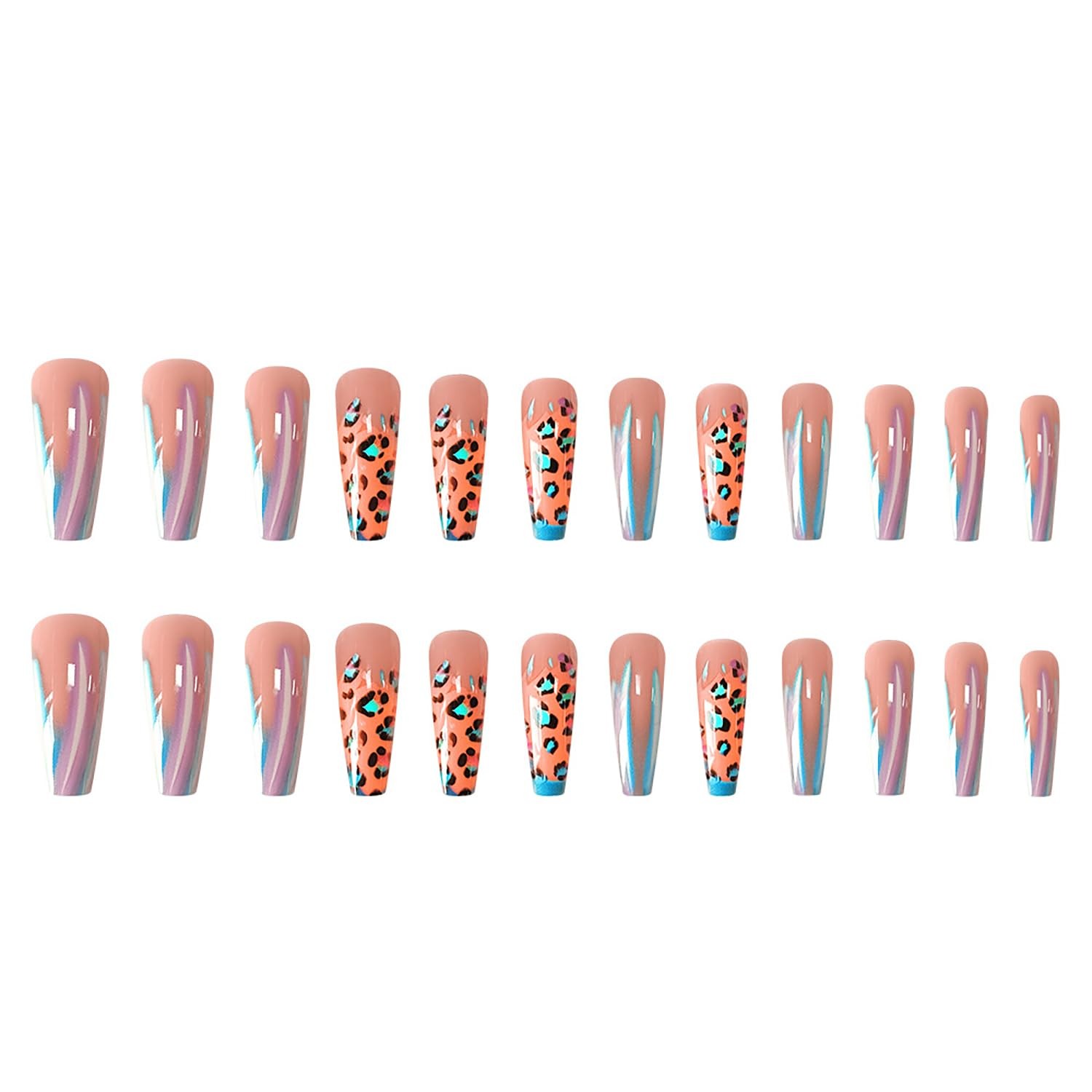 24Pcs Press on Nails with Designs Leopard Print Fake Nails Long Coffin Glue o…