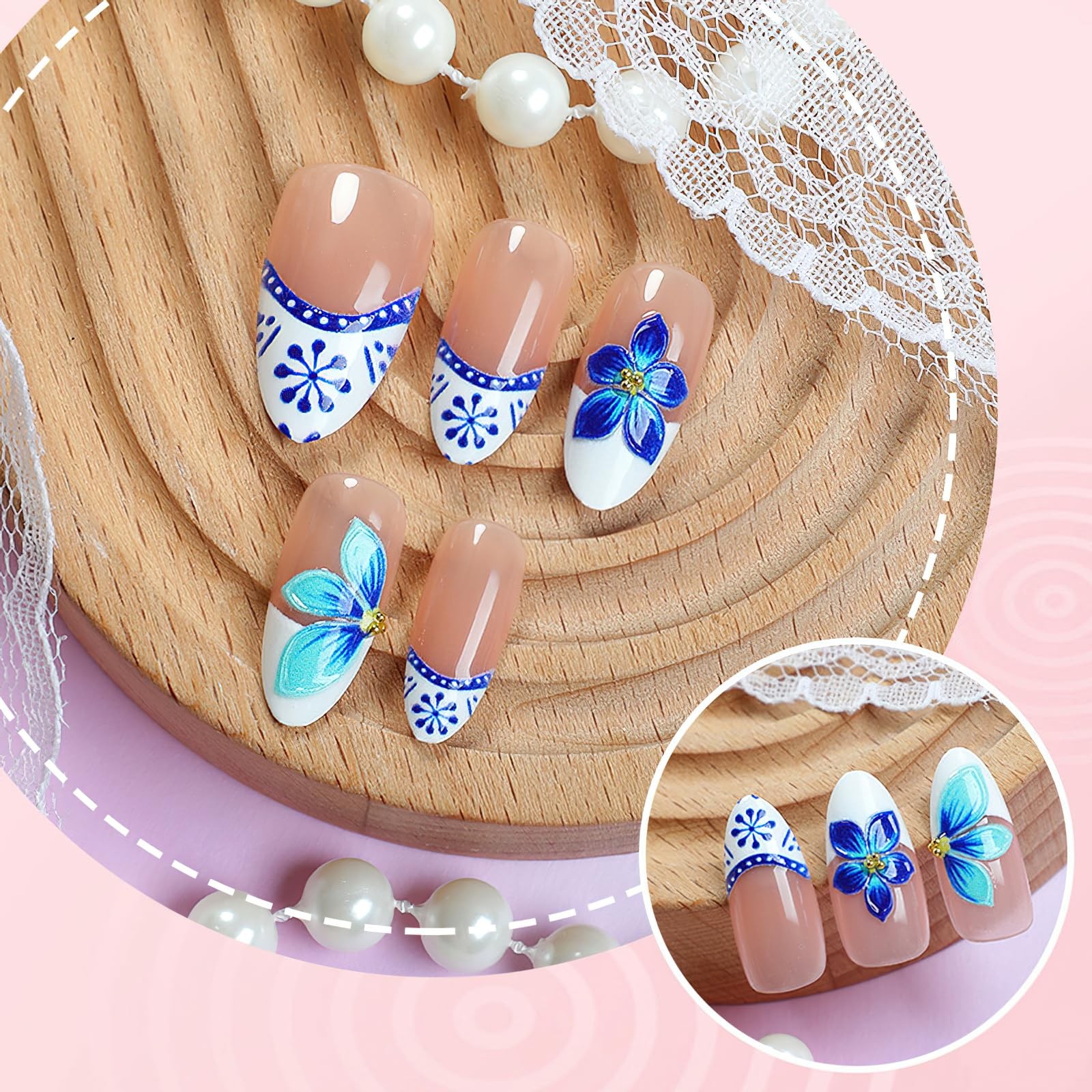 Jremg Blue Flower Press on Nails Medium Almond Fake Nails with 3D Floral Desi…
